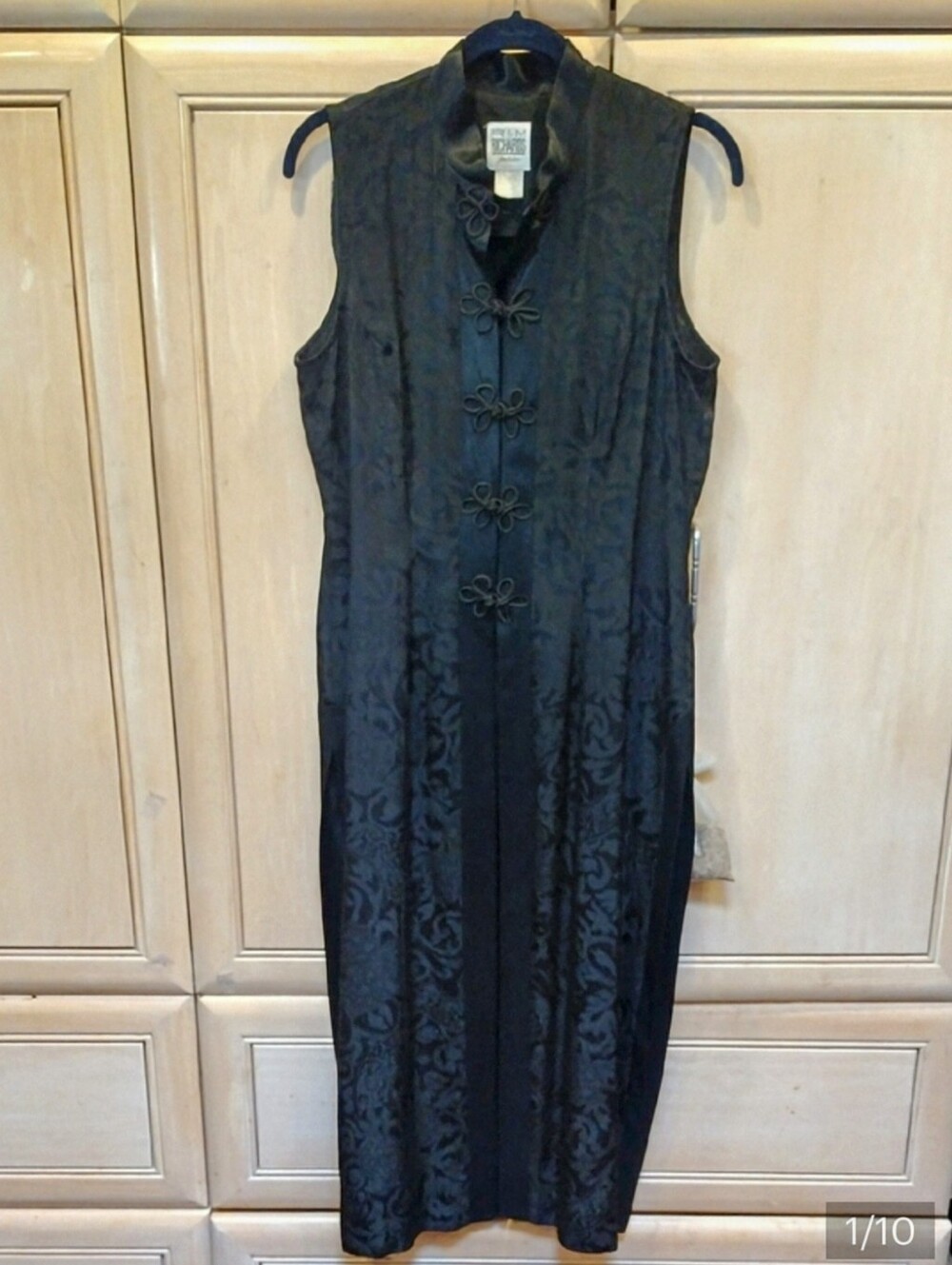 R&M Richards Black Sleeveless Brocade Cheongsam Dress/ Vest